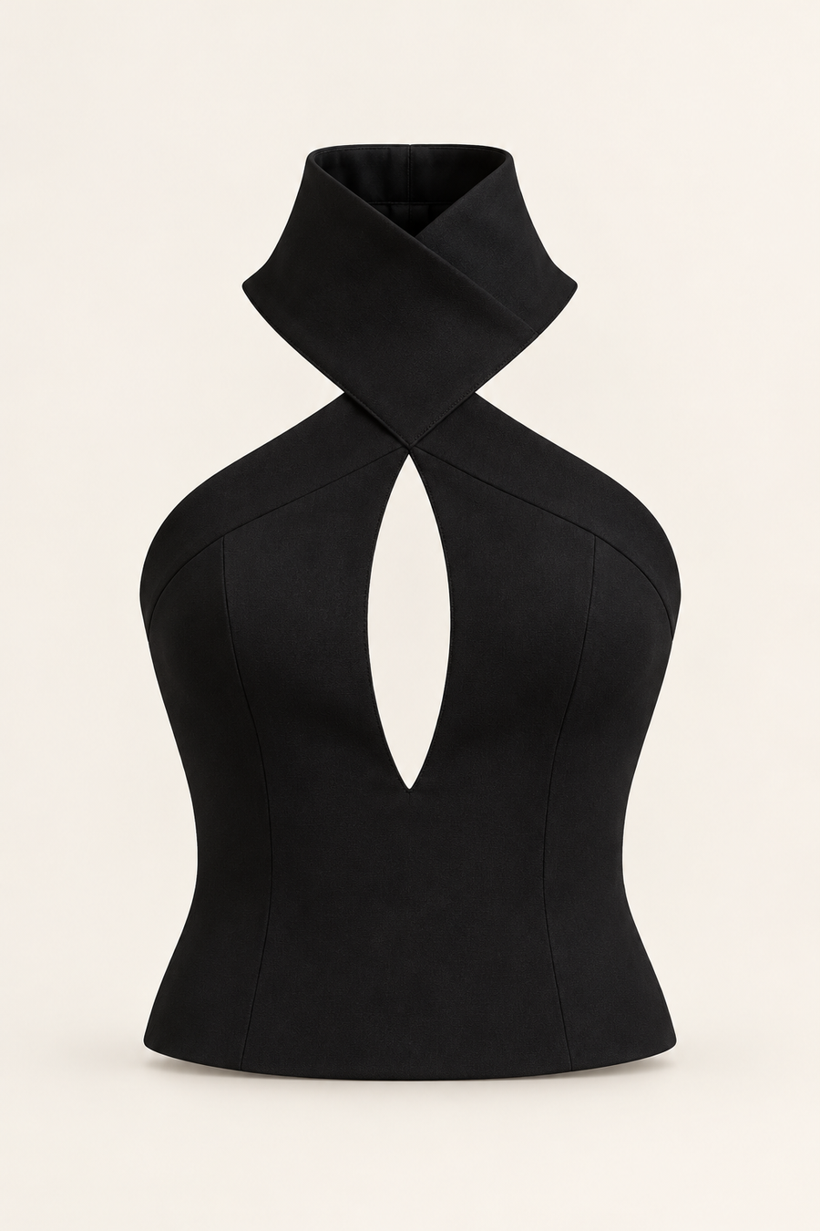 Top nero in gabardine con collo incrociato