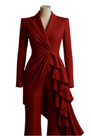 Giacca rossa asimmetrica con drappeggio e volant – VeQ Atelier