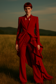 Giacca rossa asimmetrica con drappeggio e volant – VeQ Atelier