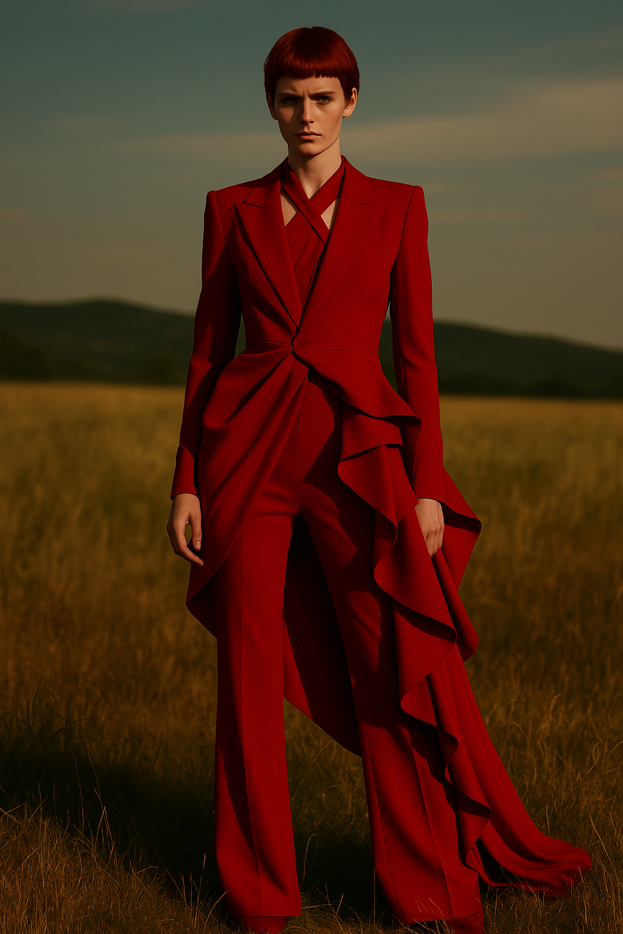 Giacca rossa asimmetrica con drappeggio e volant – VeQ Atelier