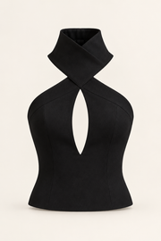 Top nero in gabardine con collo incrociato
